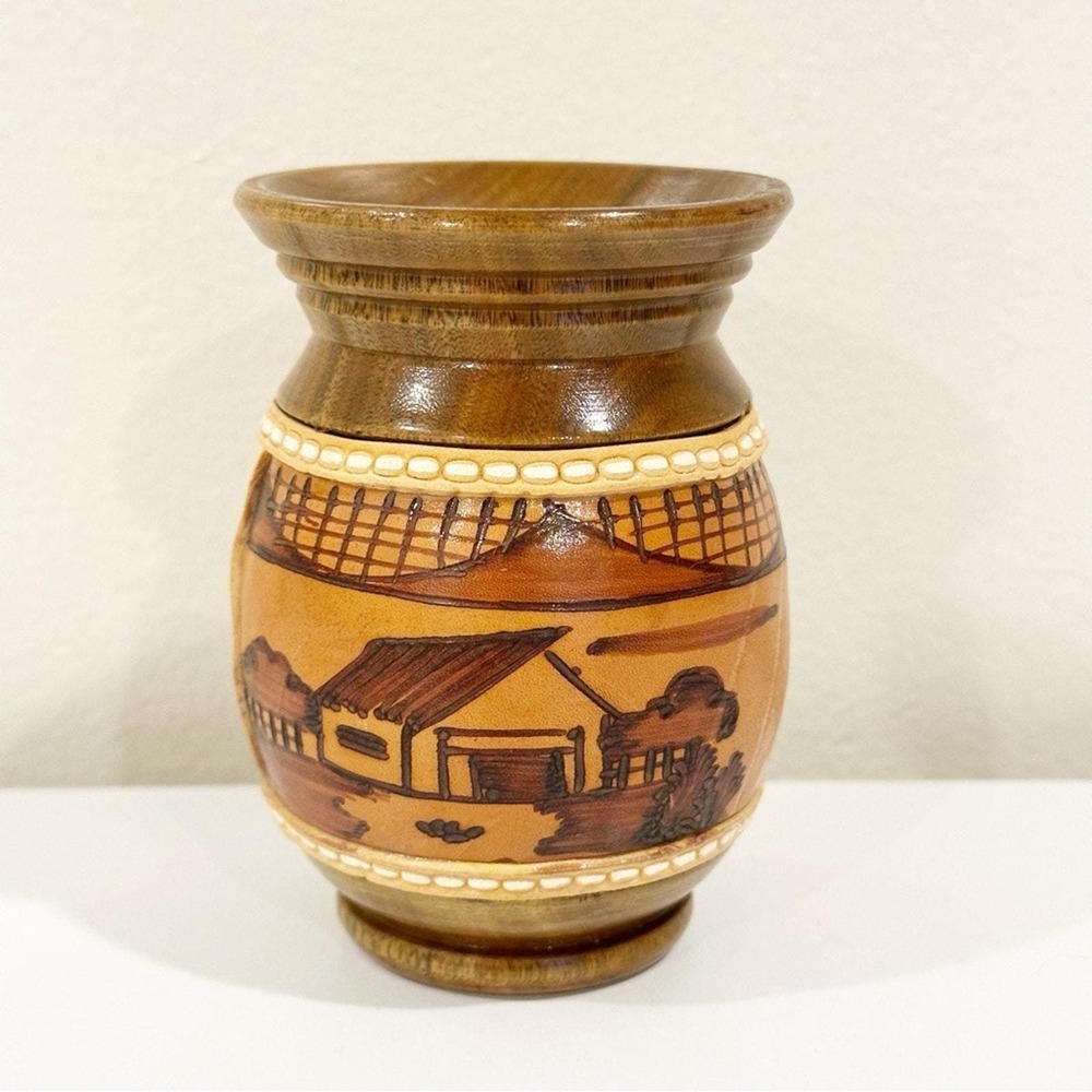 Handcrafted Hand Carved Home Abstract Brown and Tan Decorative Bud Vase